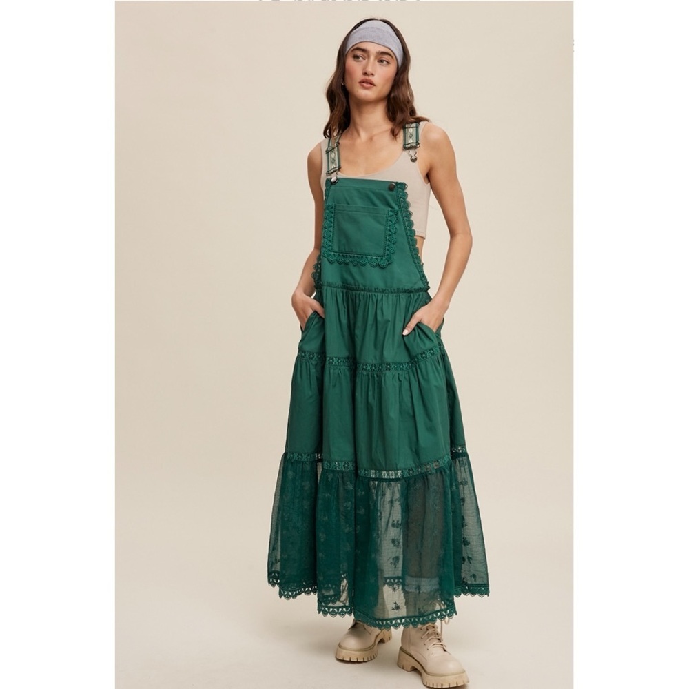 LISTICLE Forest Green Lace Embroidered Maxi Skirtall | Boho Overall Jumper - Picture 2 of 11